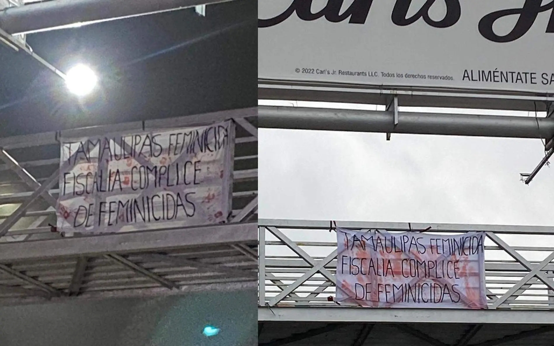 Colocan manta con leyenda de Tamaulipas feminicida en puente peatonal de Tampico como parte de una protesta feminista Colectiva Mujer Manglar